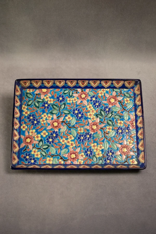 Plateau en Faïence Émaillée Cloisonnée Longwy, Décor Floral Turquoise - vue face portrait