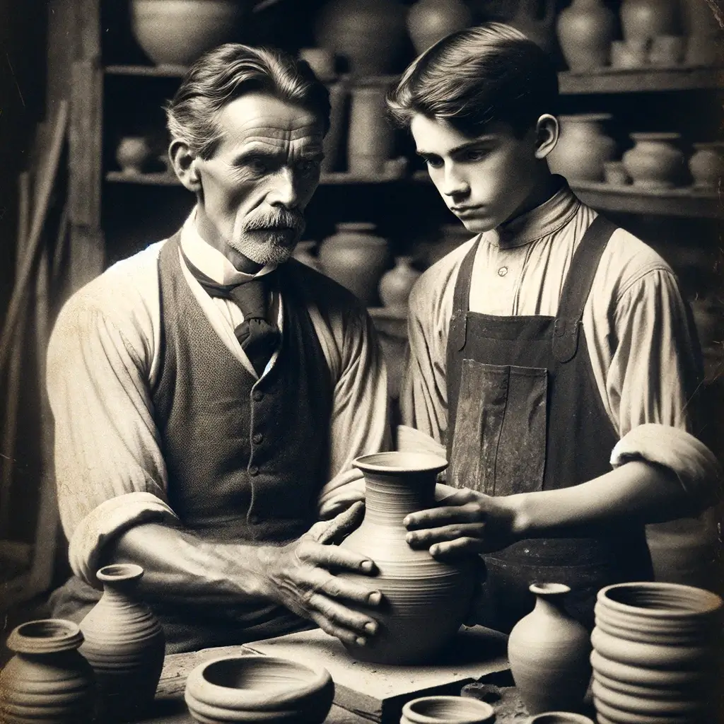 Illustration d'un céramiste et de son fils pour la fiche artiste de la famille Pointu