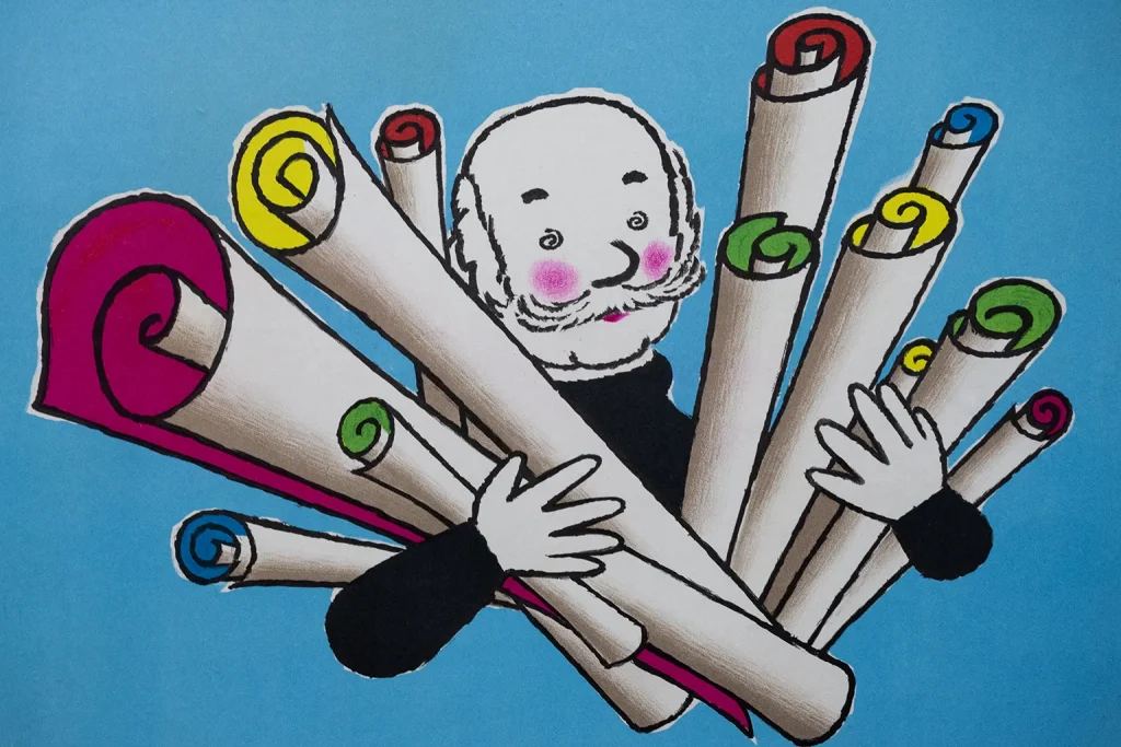 Affiche Vintage Hervé Morvan "Bouquet d'Affiches" - Bibliothèque Nationale 1978 - Zoom sur le personnage tenant un bouquet d'affiche