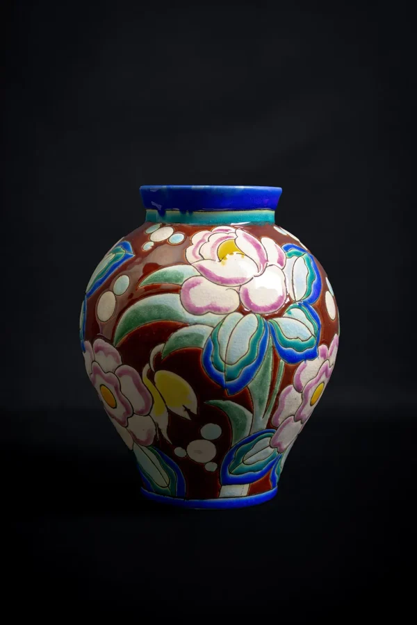 Vase Keramis en céramique Art Déco avec motifs floraux polychromes