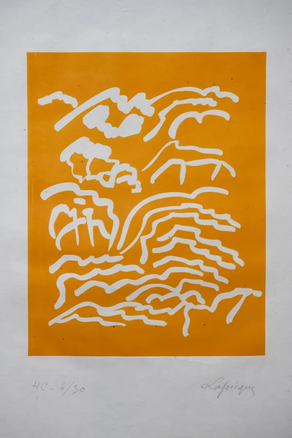 Lithographie abstraite orange de Charles Lapicque - Vue de la zone lithographique - format portrait.