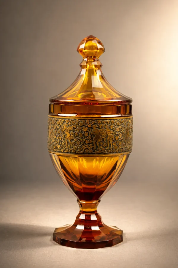 Photo de présentation bonbonière en verre ambré avec décor frise antique Moser en vente sur la boutique en ligne Maison Quand Même