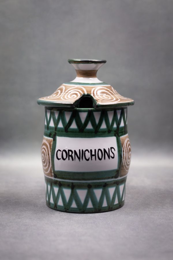 Pot à cornichons en céramique de Robert Picault, vue de face avec le couvercle