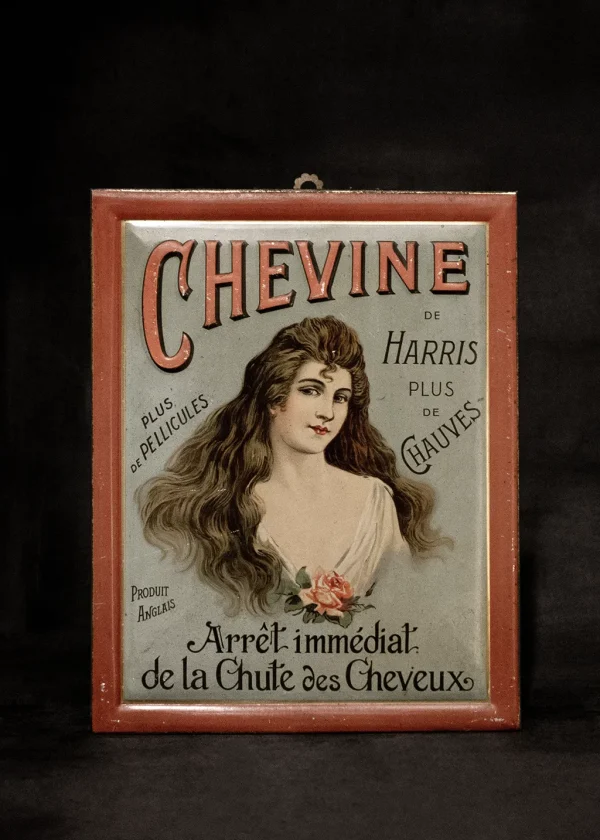 Gros plan sur la plaque publicitaire "CHEVINE de Harris", environ 1910.