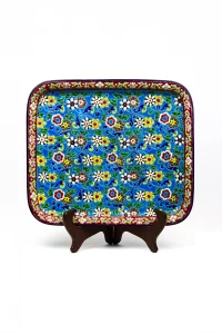 Plateau émaillé Longwy décor floral sur fond bleu