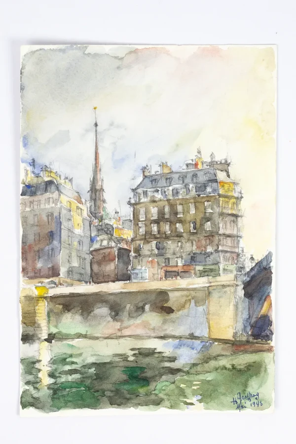 Aquarelle Henri Geoffroy Paris 1943 – Vue générale du pont et des immeubles