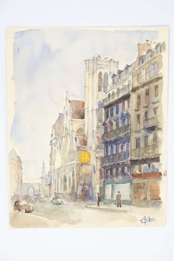 Aquarelle Henri Geoffroy Paris années 1950 – vue générale de l’église Saint-Nicolas-des-Champs