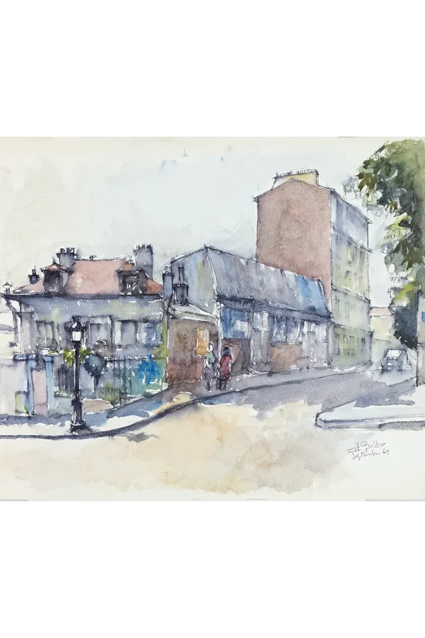 Aquarelle Henri Geoffroy 1961 – Rue de Montmartre à Paris, vue générale