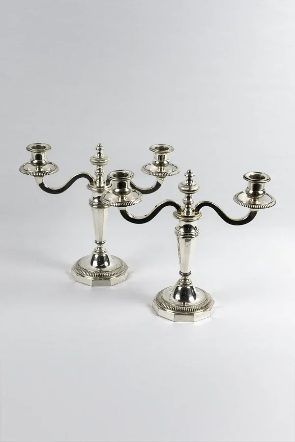 Paire de candélabres à deux lumières en métal argenté