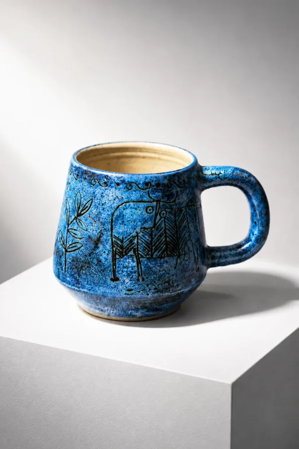 Photo de présentation chope de bière en céramique émaillée bleue à décor incisé Jacques Blin vendue chez Maison Quand Même
