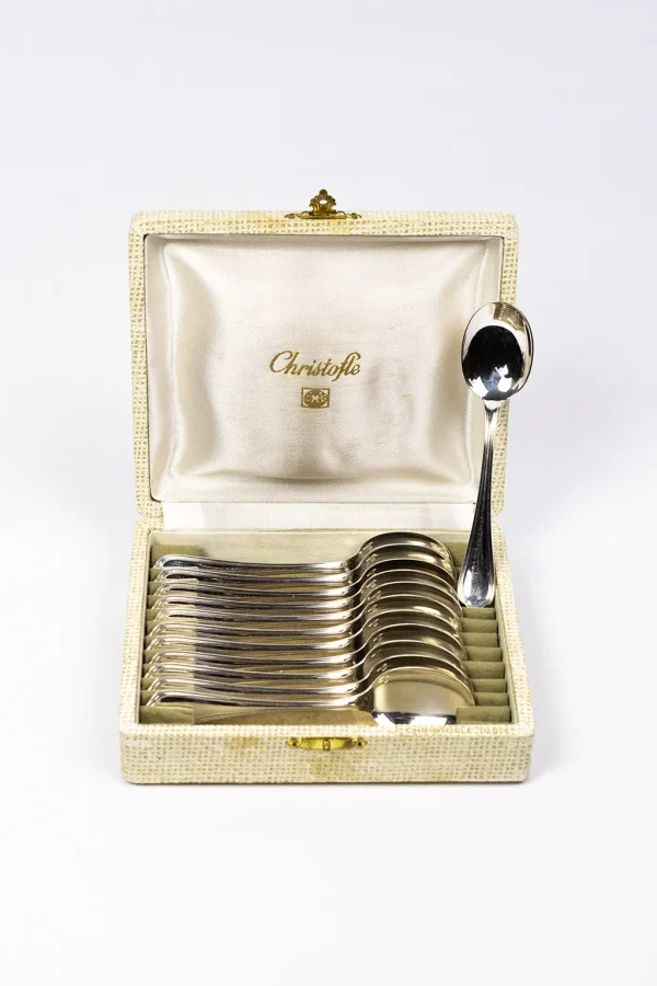 Coffret Christofle ouvert avec 12 cuillères à café Spatours en métal argenté