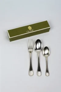 Set de couverts enfant Christofle modèle Perles métal argenté dans coffret vert d'origine