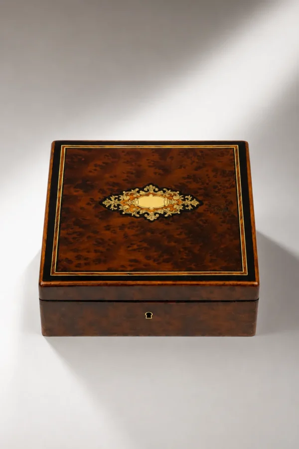 Photo de présentation du coffret carrée en bois de loupe Napoléon III, cartouche en marqueterie de laiton sur le couvercle, en vente chez Maison Quand Même