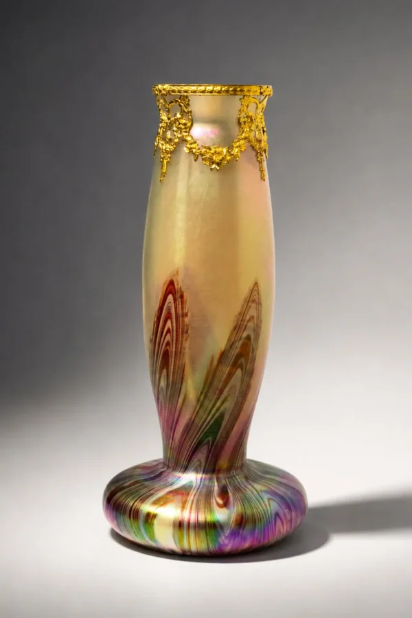 Photo de présentation Vase Art Nouveau en verre irisé dans le goût de Loetz en vente chez Maison Quand Même