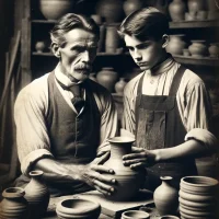 Illustration d'un céramiste et de son fils pour la fiche artiste de la famille Pointu